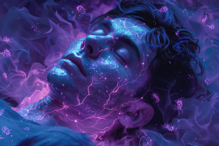 Artistic depiction of a sleeping human with bacterial cells and glowing brain pathways, representing the connection between gut microbes and sleep regulation.