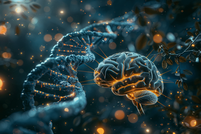 Artistic visualization showing the evolution of the human brain with glowing neurons and DNA strands, representing how evolution may shape autism risk.