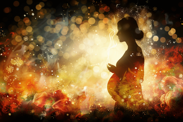 An artistic depiction of a pregnant woman surrounded by scent molecules and protective light, symbolizing immune adaptation and food aversions in early pregnancy.