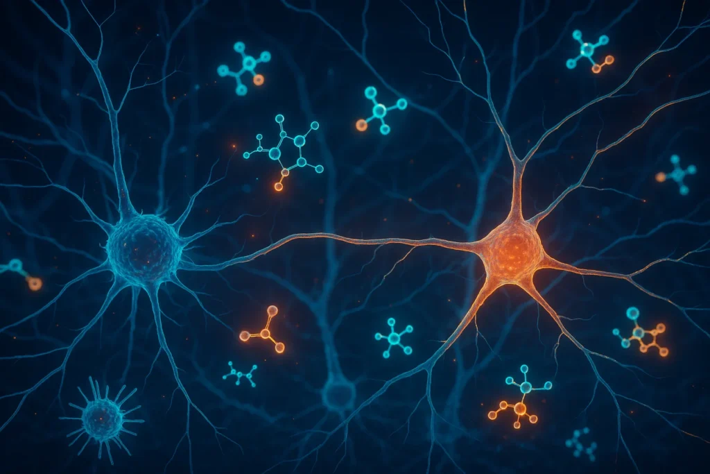 Artistic depiction of neural stem cells differentiating into mature neurons under the effect of Vitamin K–retinoic acid analogue Compound 7, symbolizing neurogenesis.