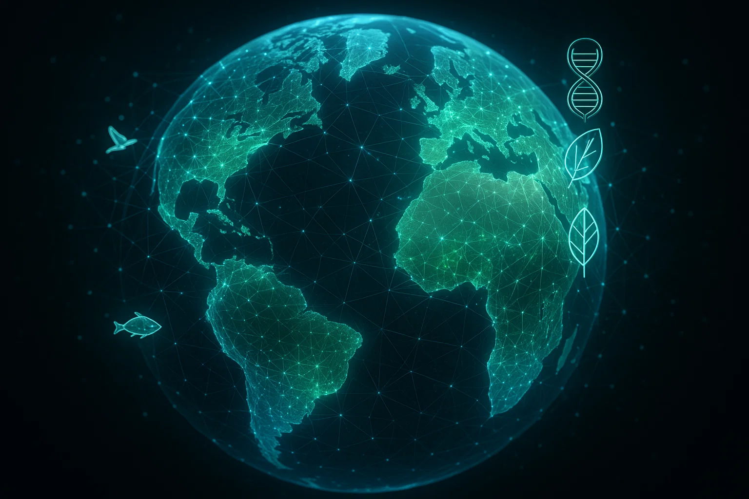 A digital illustration of Earth made of interconnected data nodes linking biological and environmental systems, symbolizing global data integration for biodiversity and climate research.