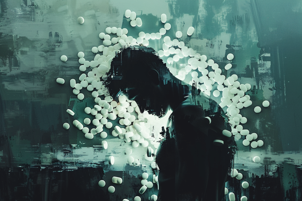Artistic depiction of mental health struggles and suicidality associated with finasteride use, symbolizing underreported side effects of the hair loss drug.