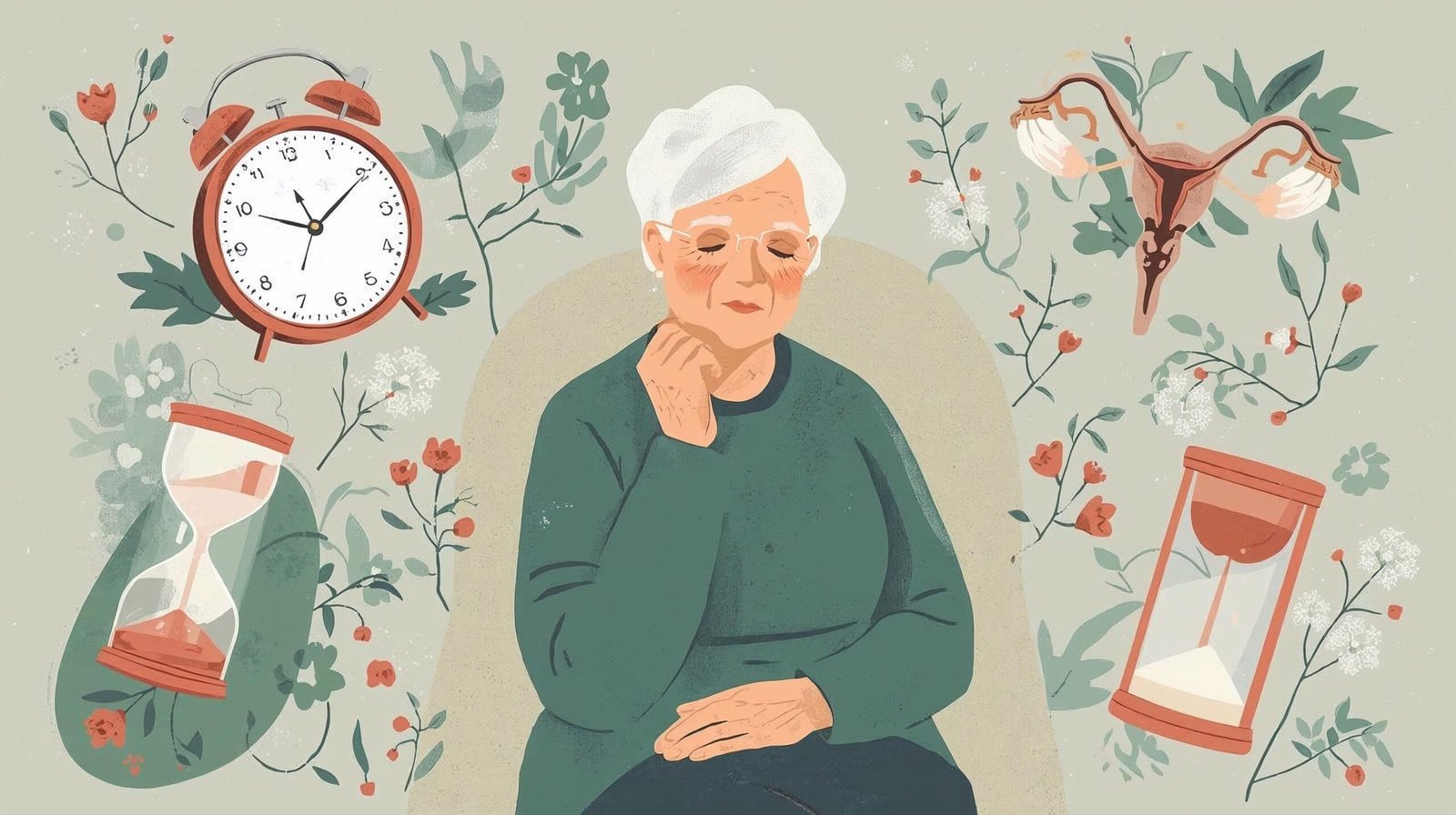 Grandmother sitting with biological clocks, limited fertility. Medical concept, feminine age. Menopause. Climacteric. Women's health. Menstrual periods. Aging process. Uterus, clock and old woman.