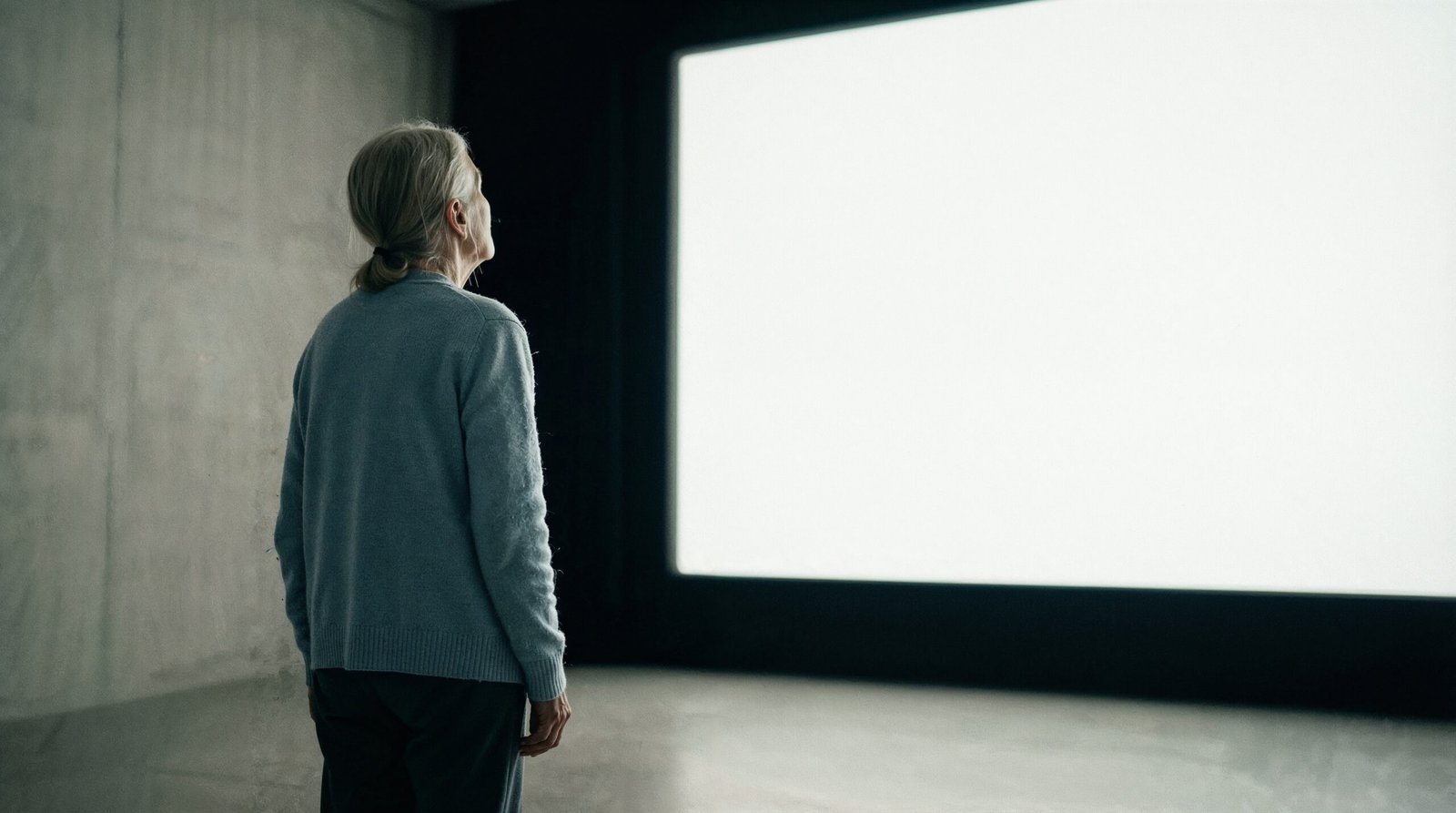 A female person stands in a dimly lit, minimalist room looking at a large, glowing white rectangular screen or projection.