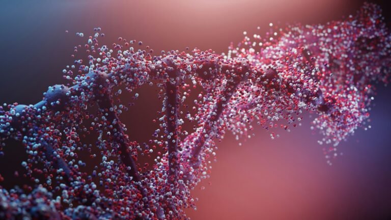 3D Rendering DNA With Particles and Blurry Background.