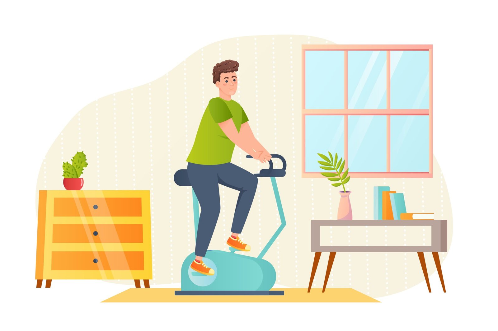 Sport training at home flat concept people scene. Man rides exercise bike and does cardio workout in room. Sportsman exercising at stationary bicycle machine.
