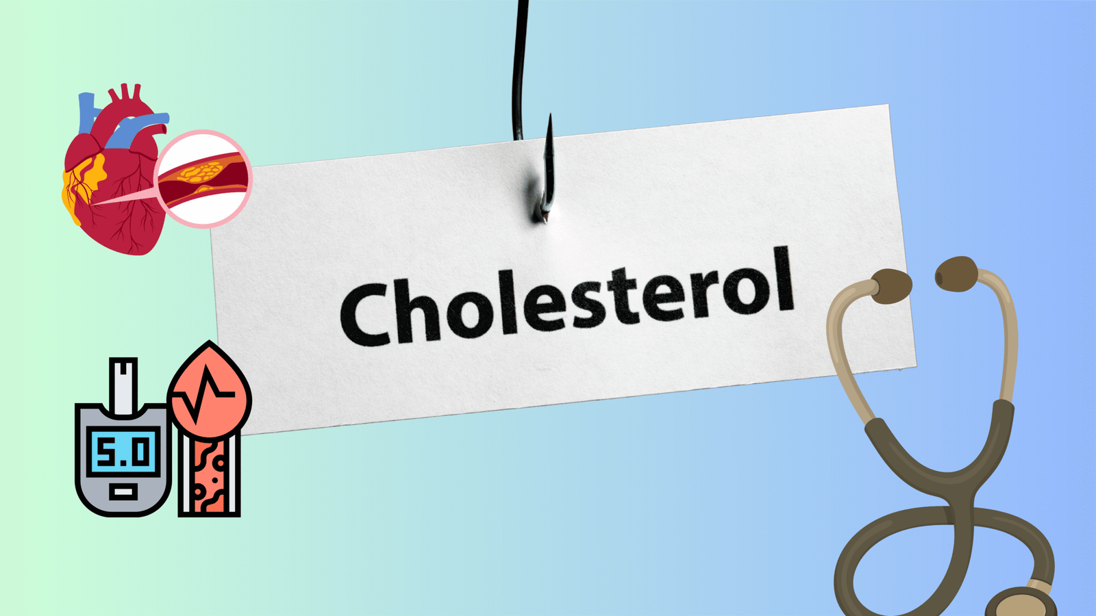 Heart, blood pressure, cholesterol, stethoscope.