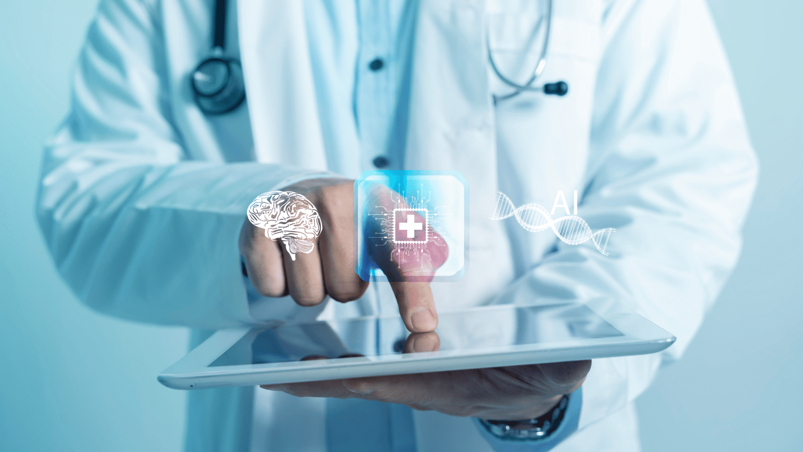 Digital screen in chemist hand in the age of AI.