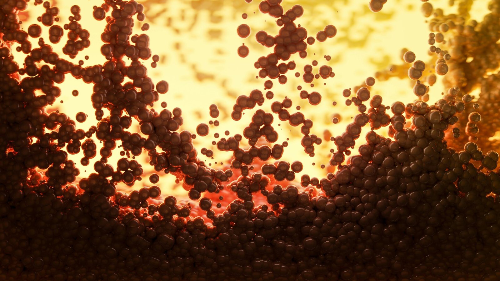 Dynamic abstract image of molecules with vibrant warm tones,