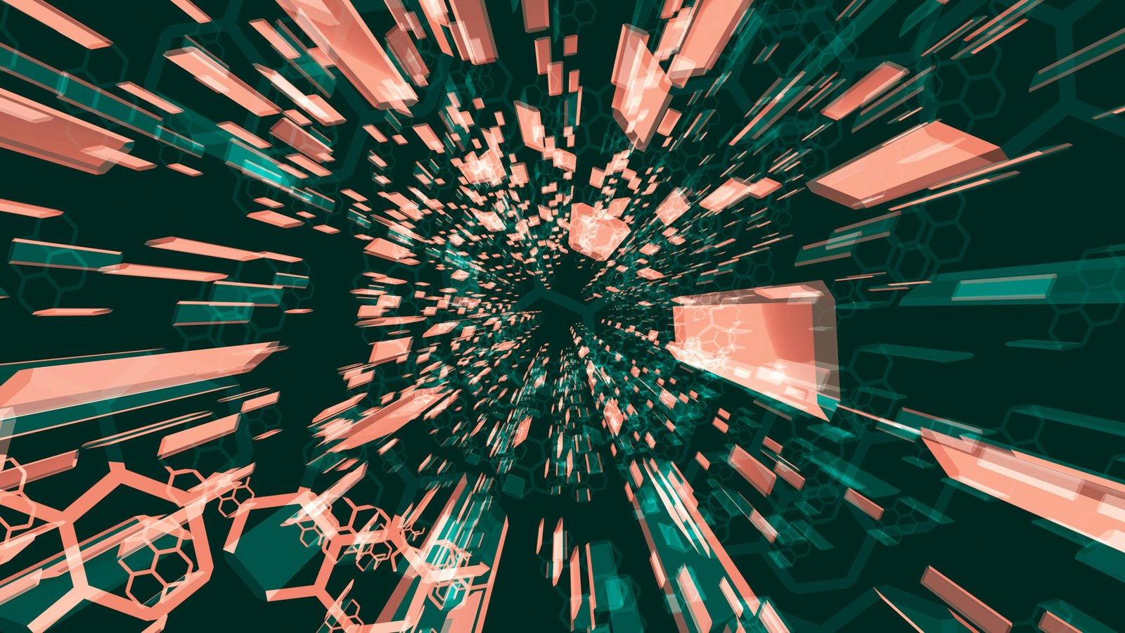 Dynamic image with abstract geometric shapes in a vivid explosion pattern.